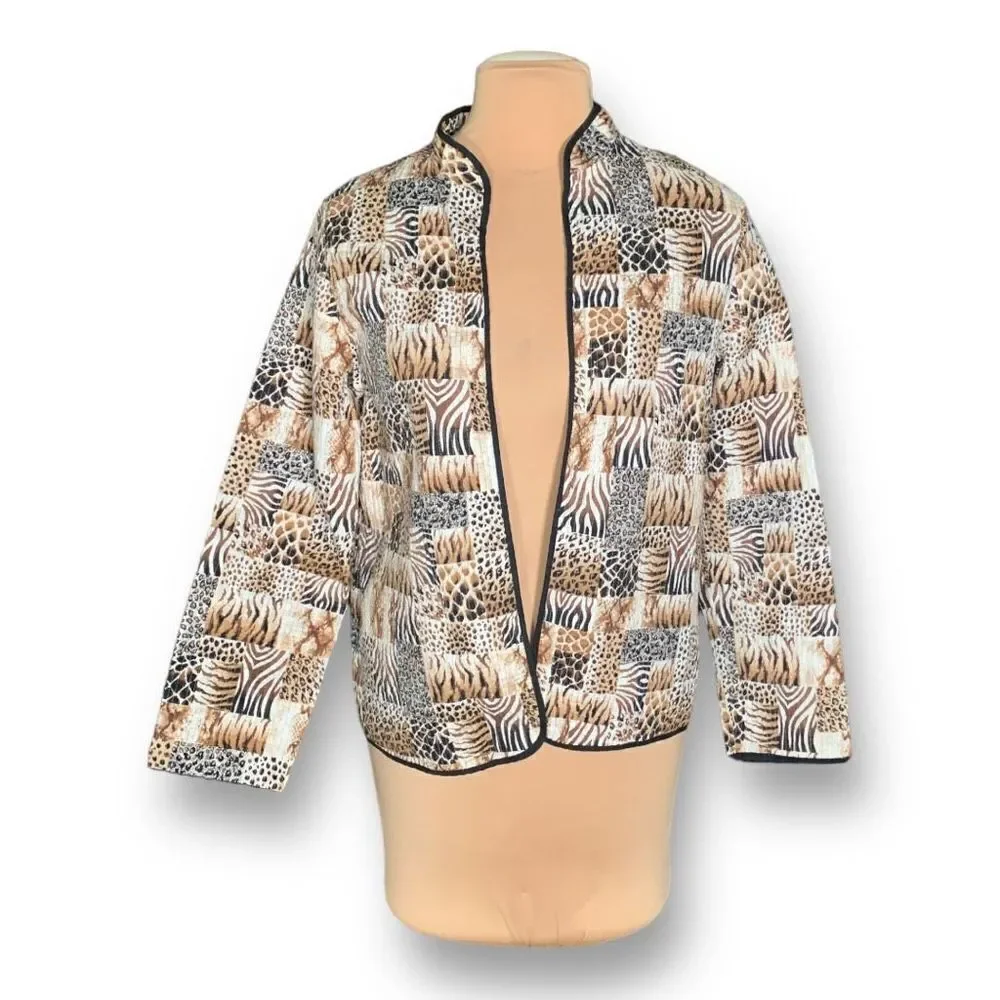 Vintage‎ 90s Collarless Blazer Jacket Ecru Patchwork Quilted Zebra Animal Print